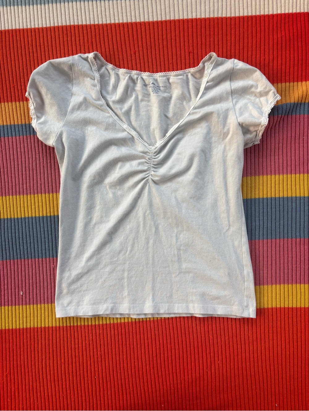 Brandy Melville White Ruched V-Neck Short Sleeve Tee